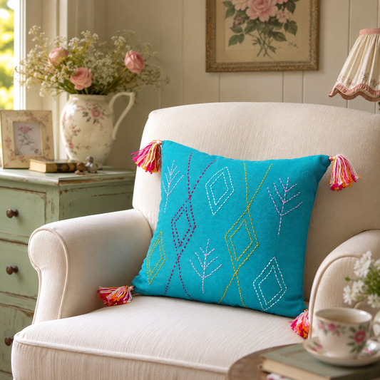 Symbols Cushion (Light Blue with Multi-colored Embroidery)