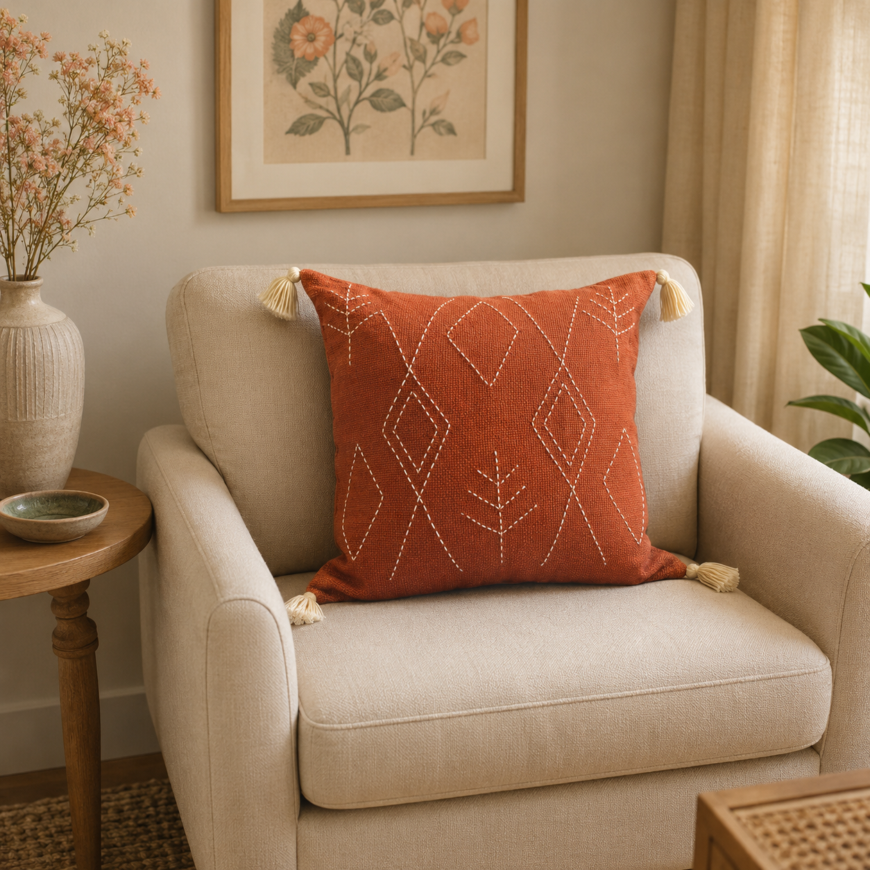 Symbols Cushion (Rust with White Embroidery)