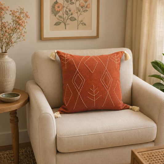 Symbols Cushion (Rust with White Embroidery)