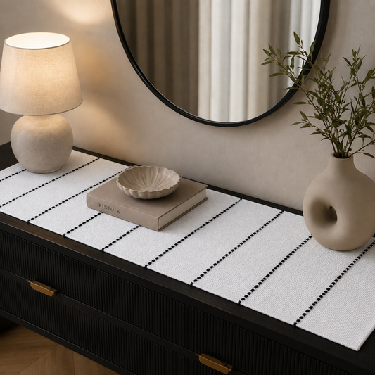 Textured Table Runner (White with Black Embroidery)