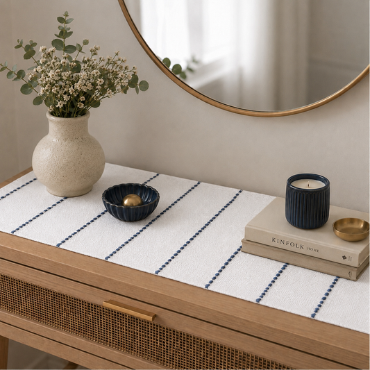 Textured Table Runner (White with Dark Blue Embroidery)