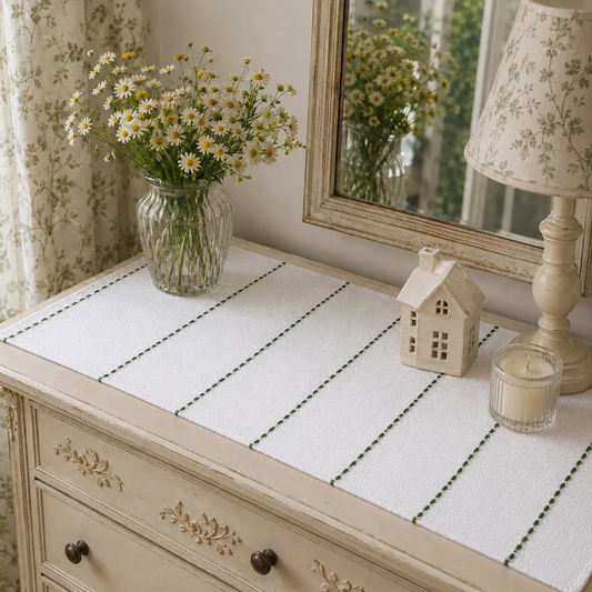 Textured Table Runner (White with Dark Green Embroidery)