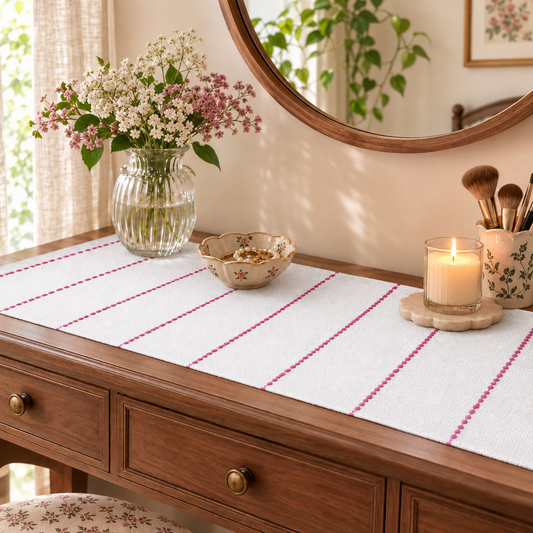 Textured Table Runner (White with Dark Pink Embroidery)