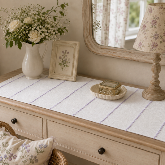 Textured Table Runner (White with Light Purple Embroidery)