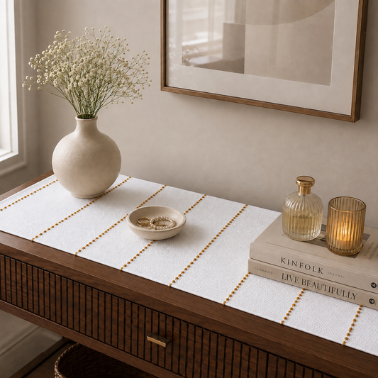 Textured Table Runner (White with Mustard Embroidery)