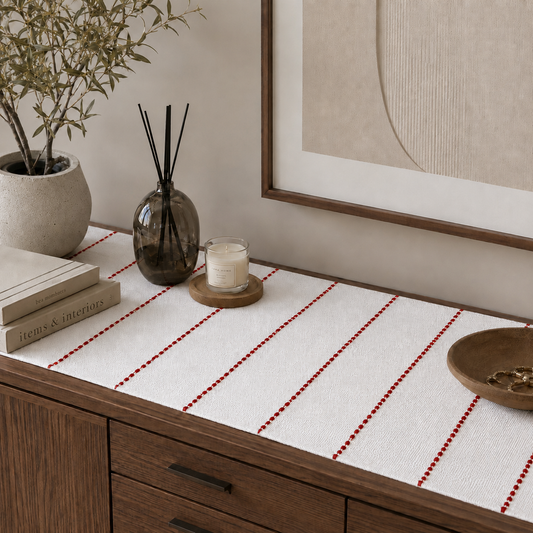 Textured Table Runner (White with Red Embroidery)