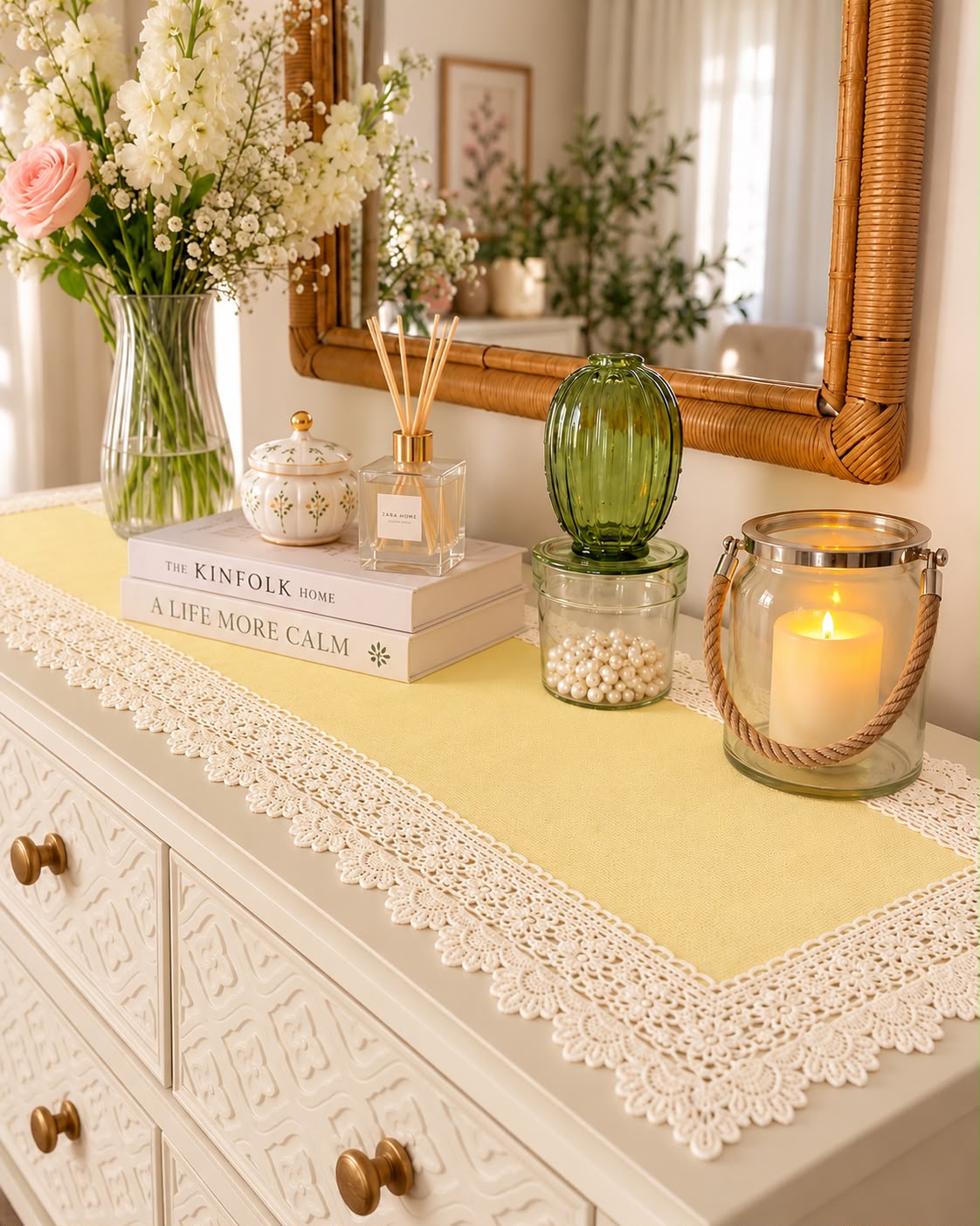 Textured Table Runner (Lime Yellow with Crochet Lace)