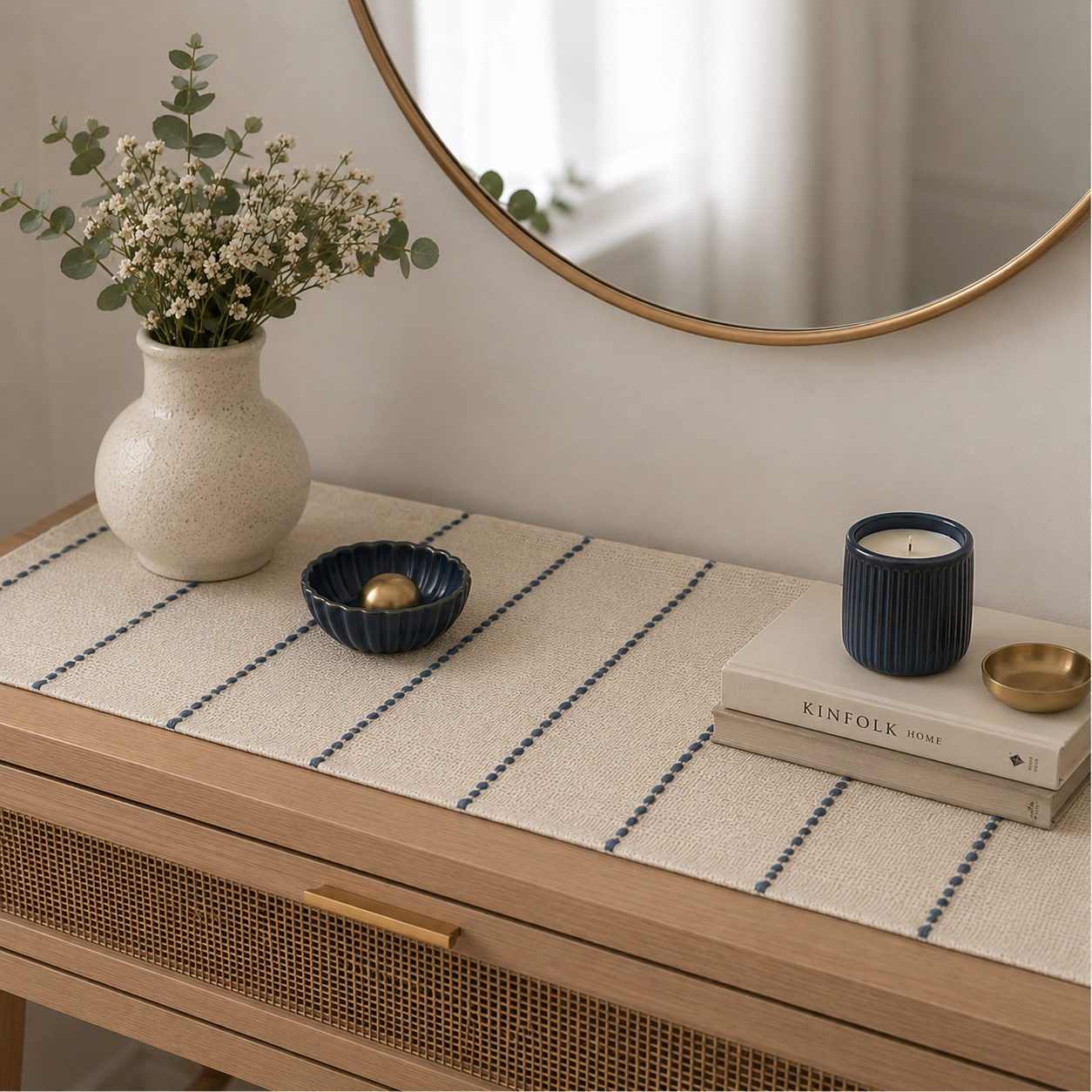 Textured Table Runner (Off-white with Dark Blue Embroidery)