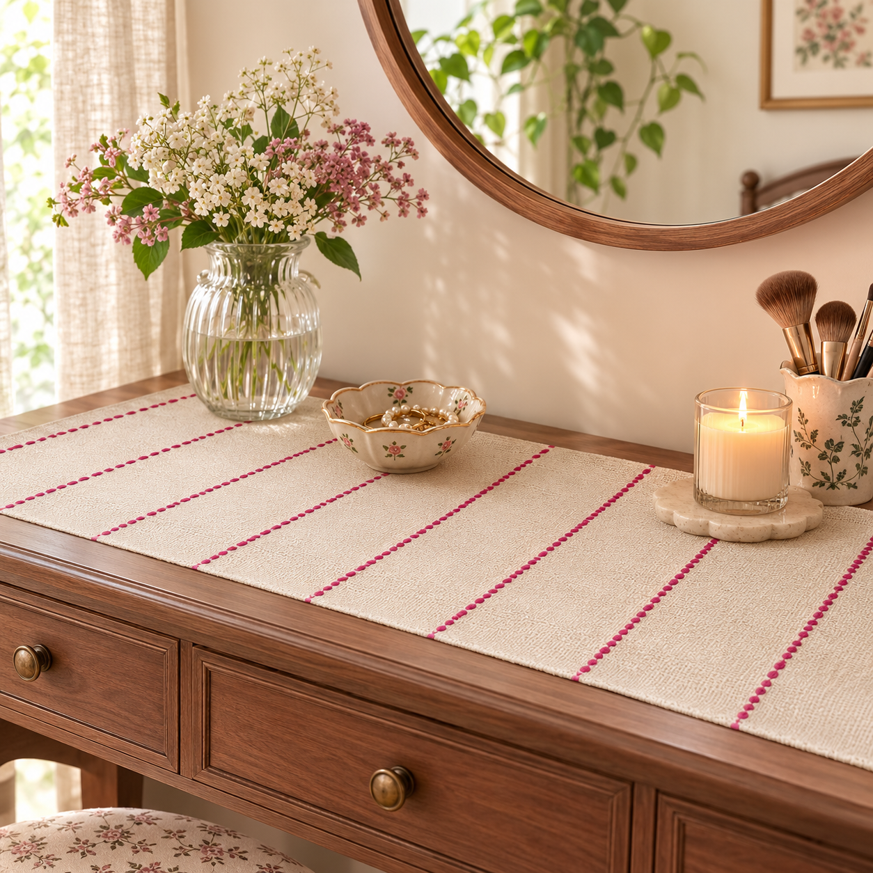 Textured Table Runner (Off-white with Dark Pink Embroidery)