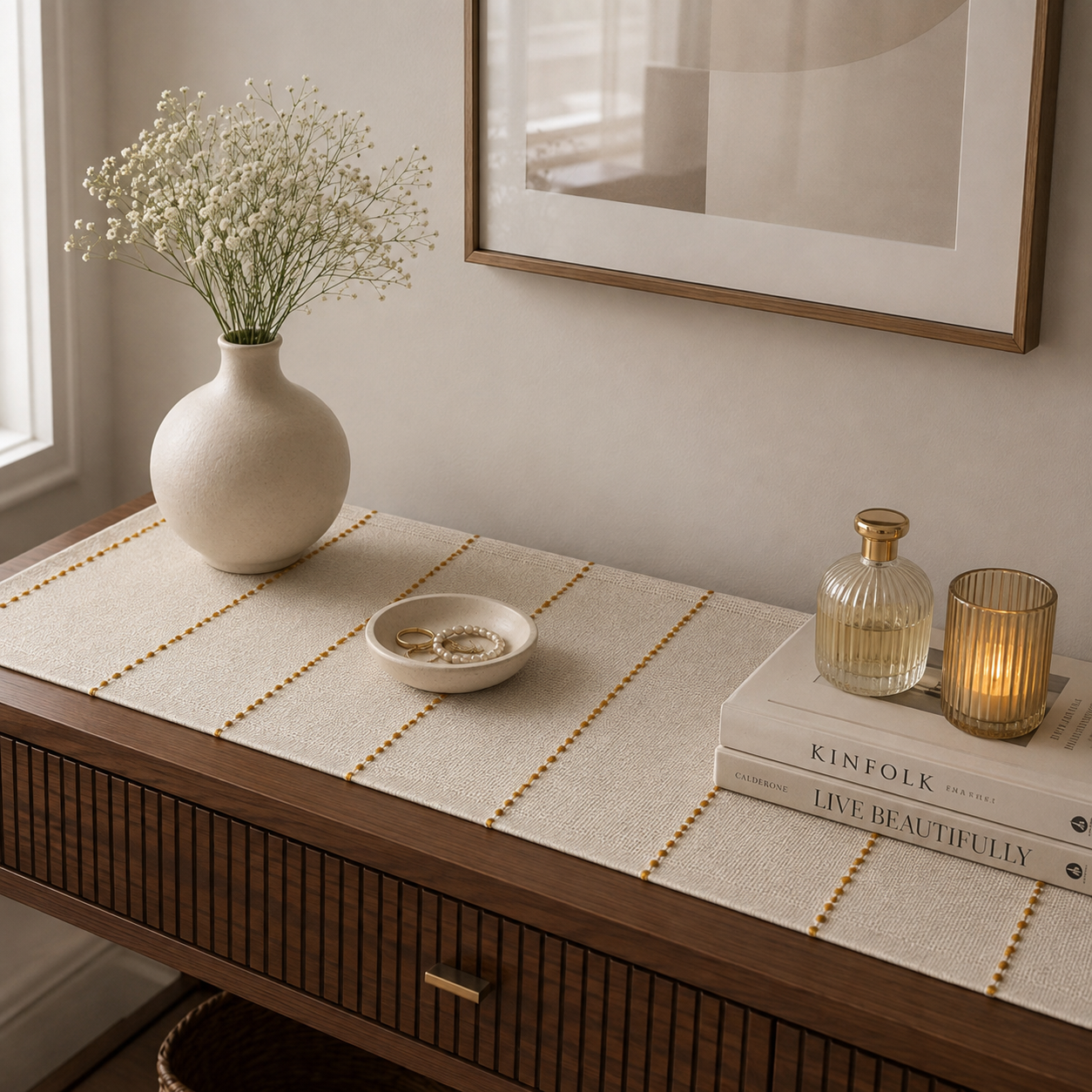 Textured Table Runner (Off-white with Mustard Embroidery)