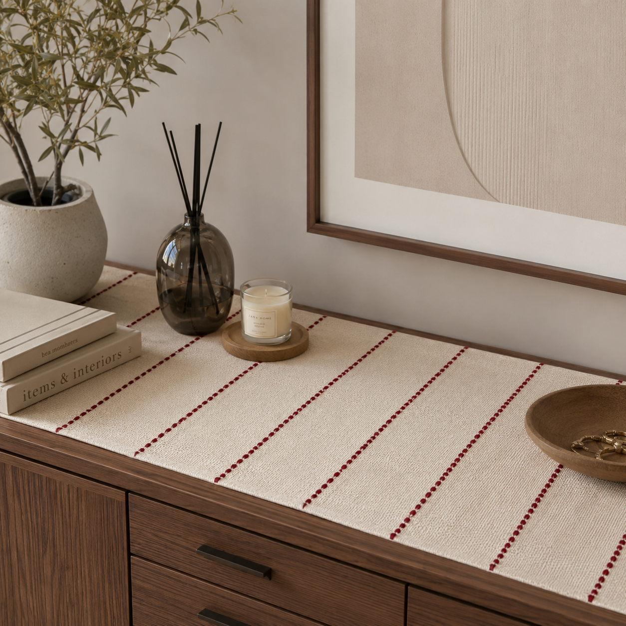 Textured Table Runner (Off-white with Red Embroidery)