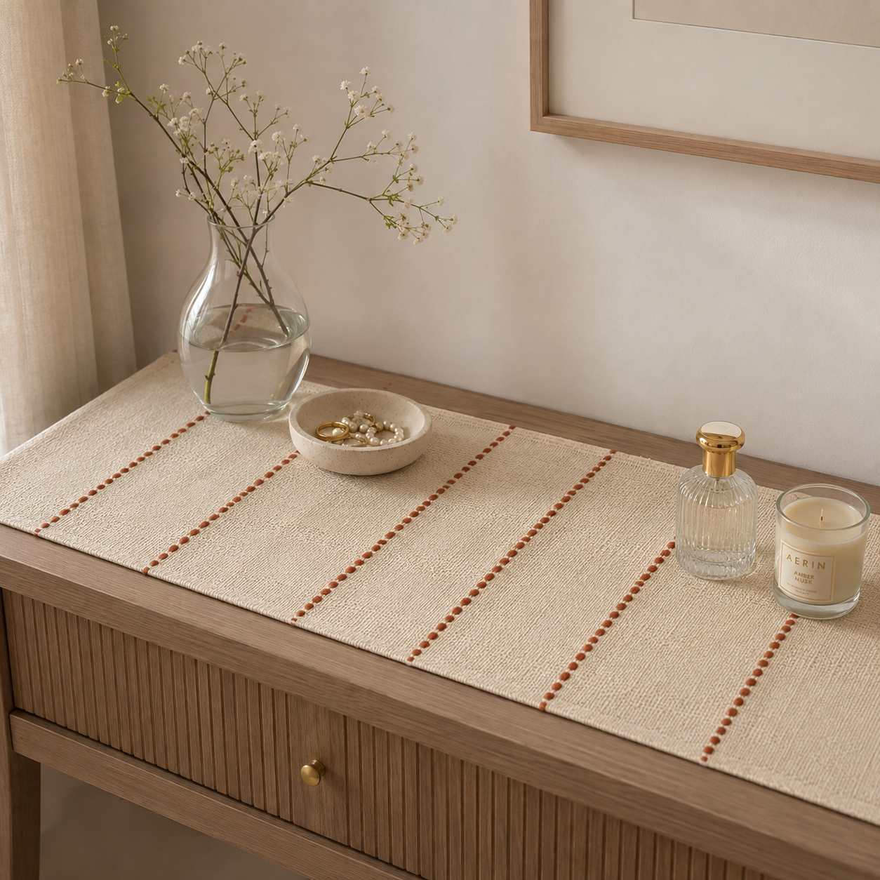 Textured Table Runner (Off-white with Rust Embroidery)