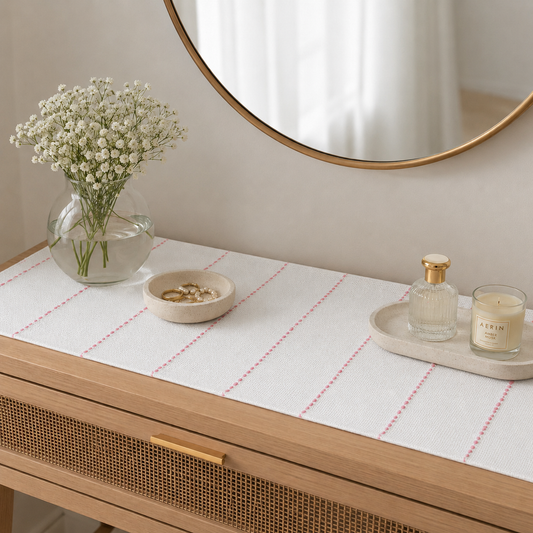 Textured Table Runner (White with Light Pink Embroidery)