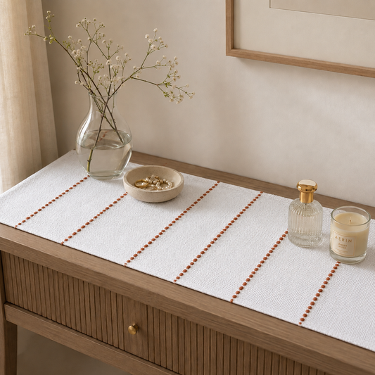 Textured Table Runner (White with Rust Embroidery)