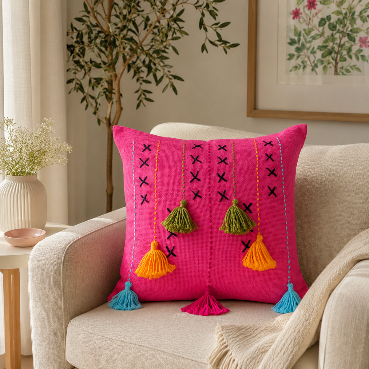 Threadfall Cushion (Fuchsia with Multi-colored Embroidery)