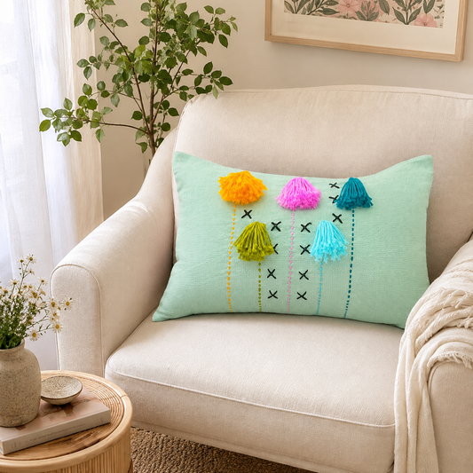 Threadfall Cushion (Mint Blue with Multi-colored Embroidery)