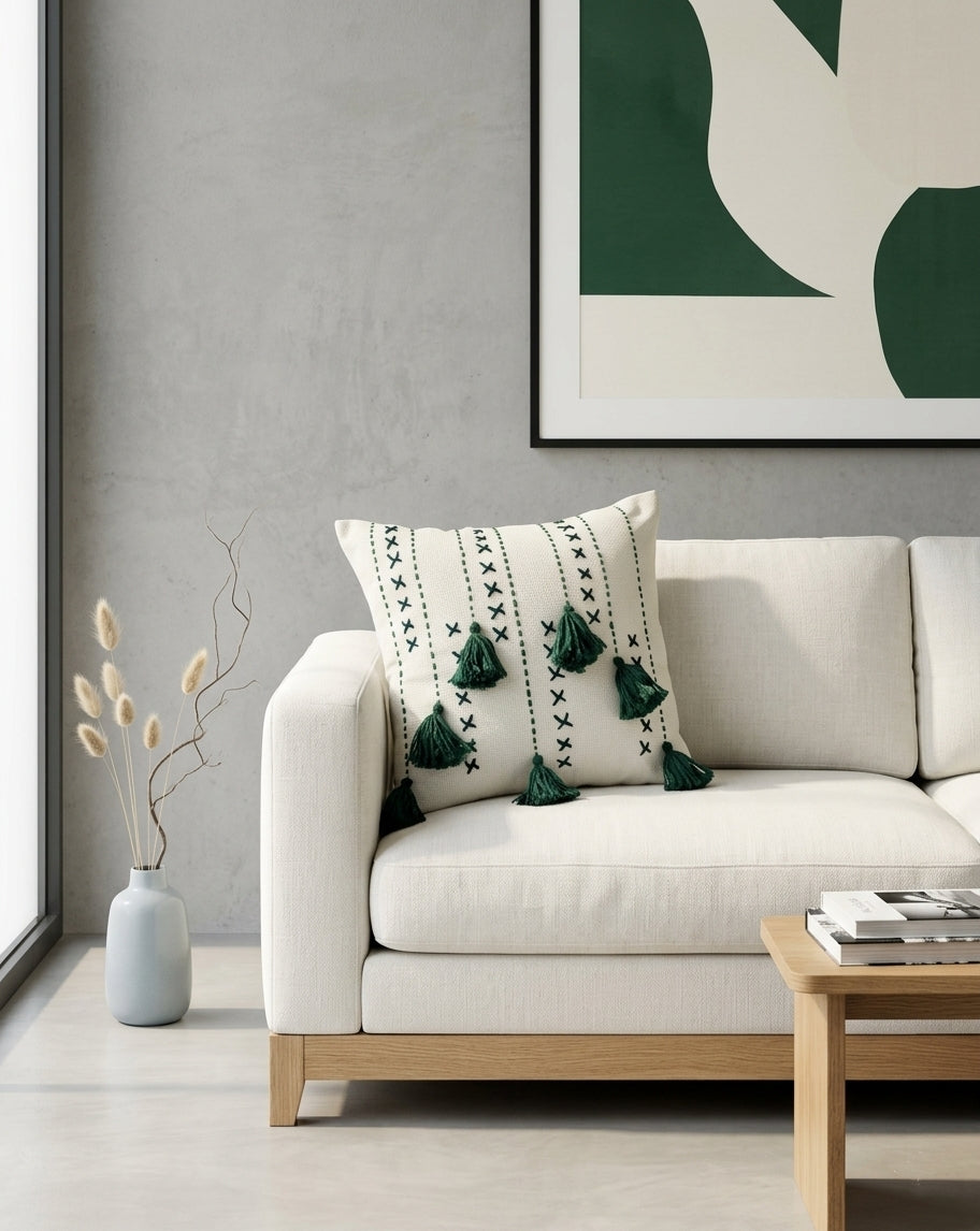 Threadfall Cushion (Off-white with Emerald Green Embroidery)