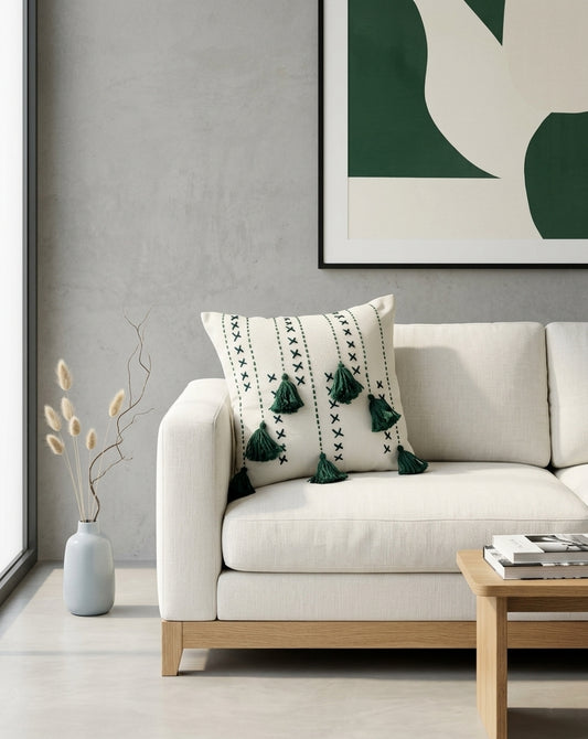 Threadfall Cushion (Off-white with Emerald Green Embroidery)