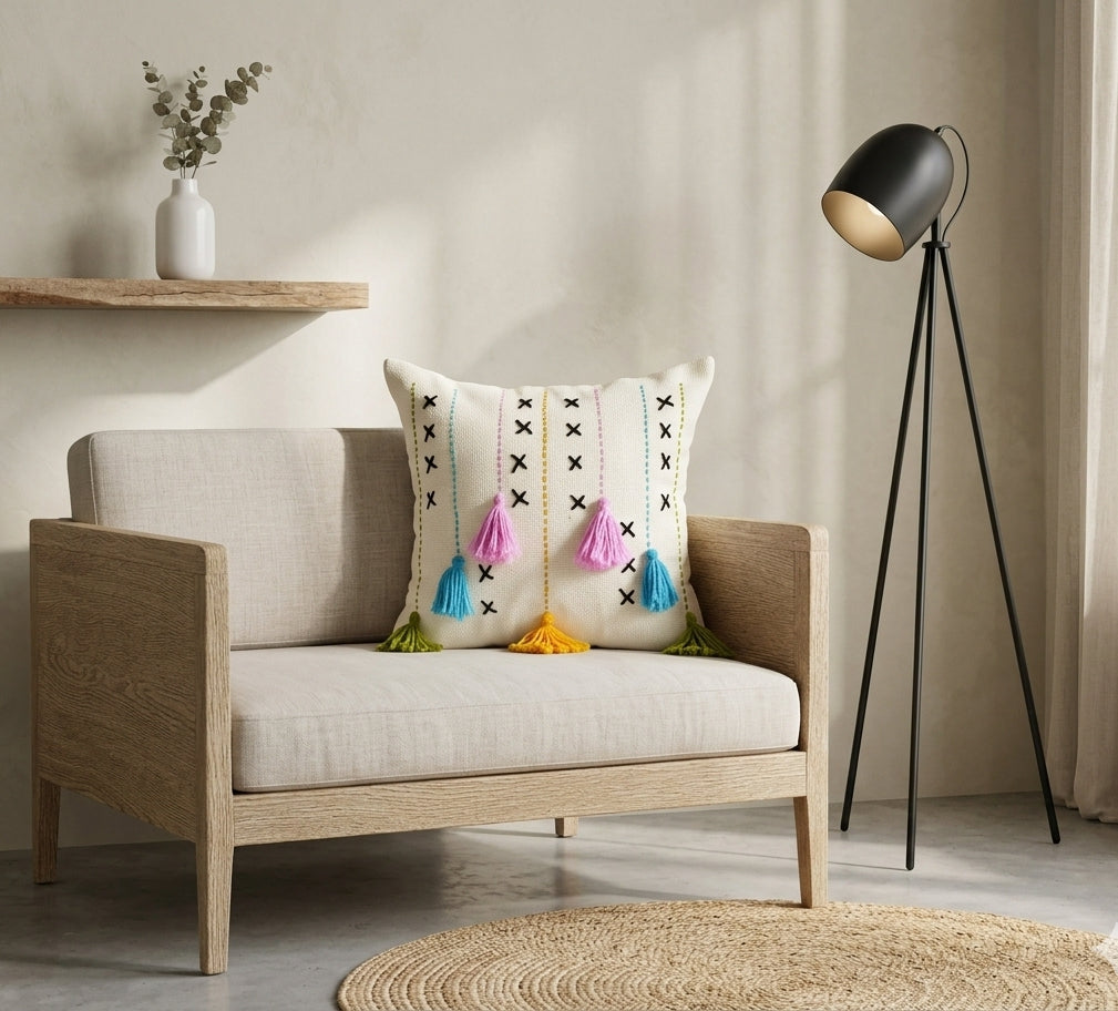 Threadfall Cushion (Off-white with Multi-colored Embroidery)
