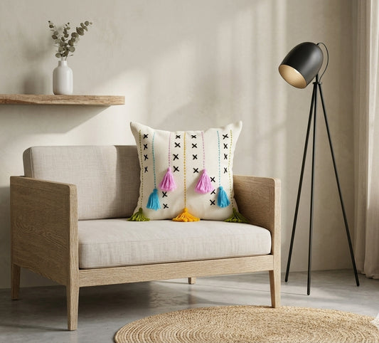 Threadfall Cushion (Off-white with Multi-colored Embroidery)
