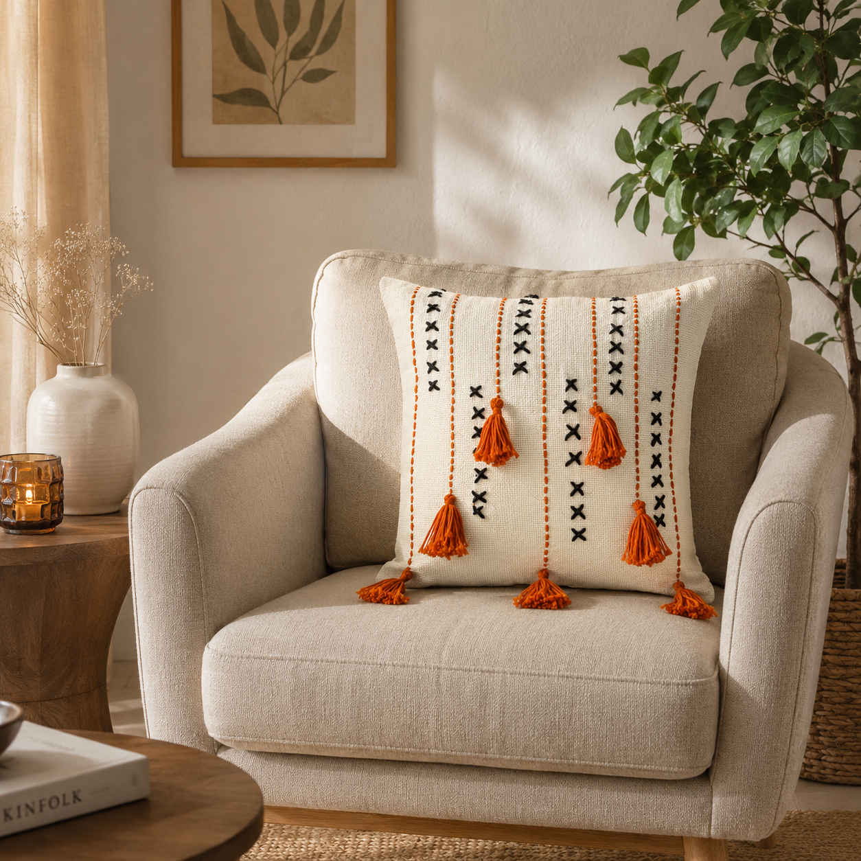 Threadfall Cushion (Off-white with Rust Embroidery)