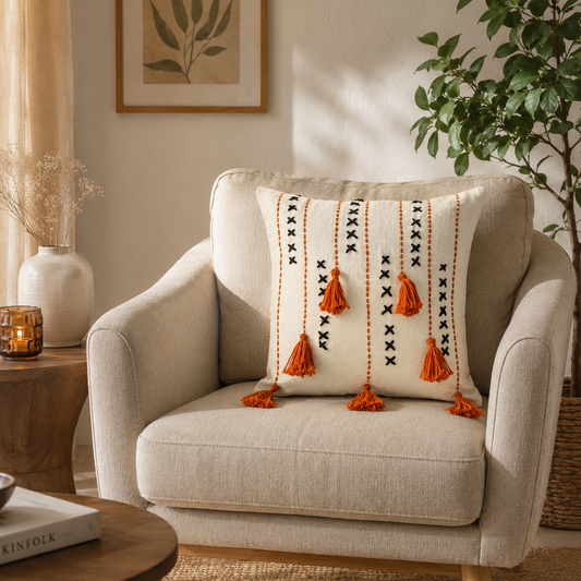 Threadfall Cushion (Off-white with Rust Embroidery)