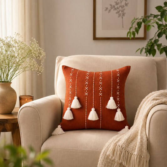Threadfall Cushion (Rust with White Embroidery)