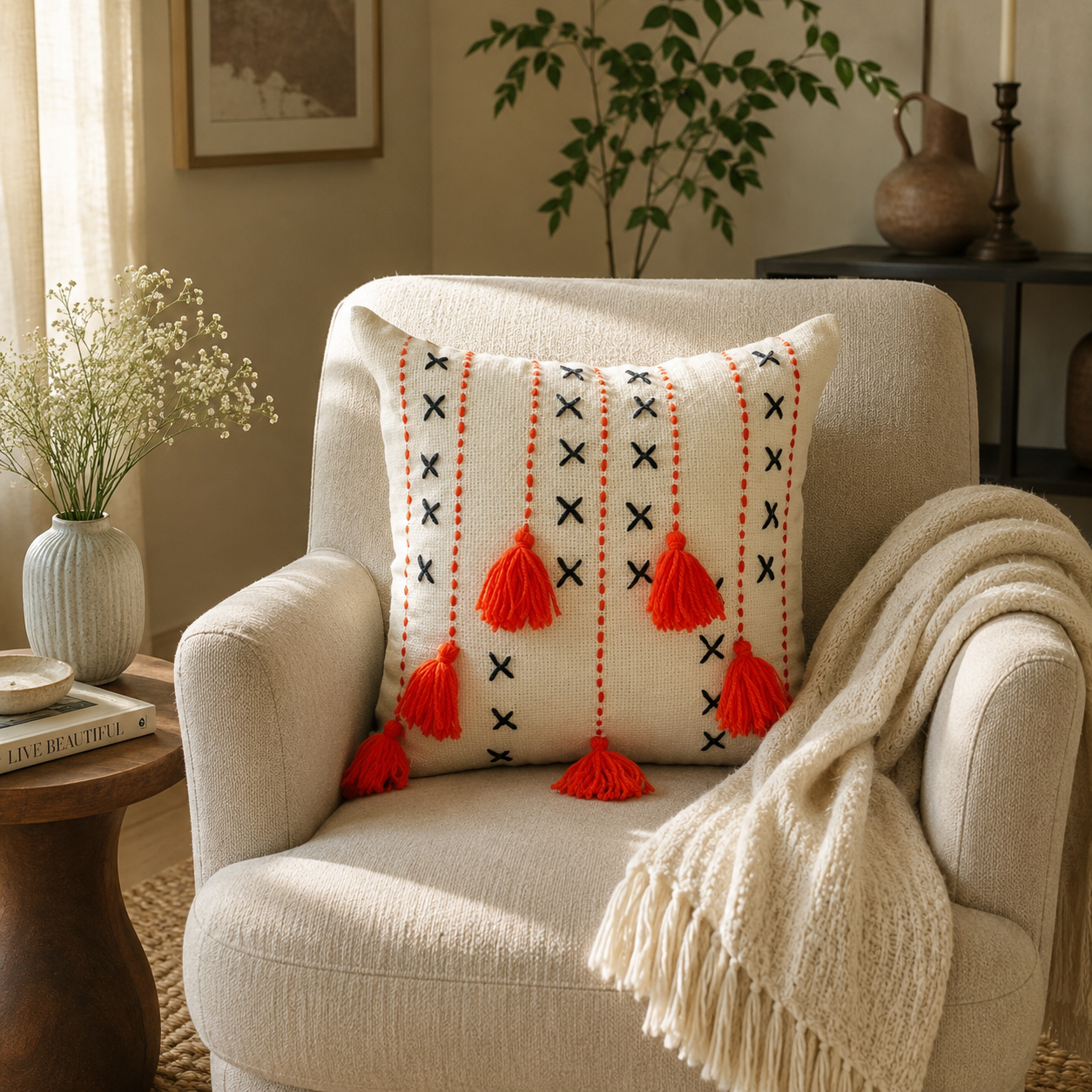 Threadfall Cushion (Off-white with Orange Embroidery)