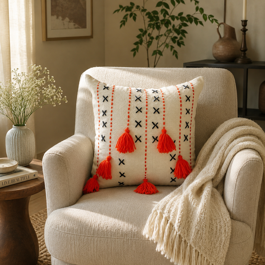 Threadfall Cushion (Off-white with Orange Embroidery)