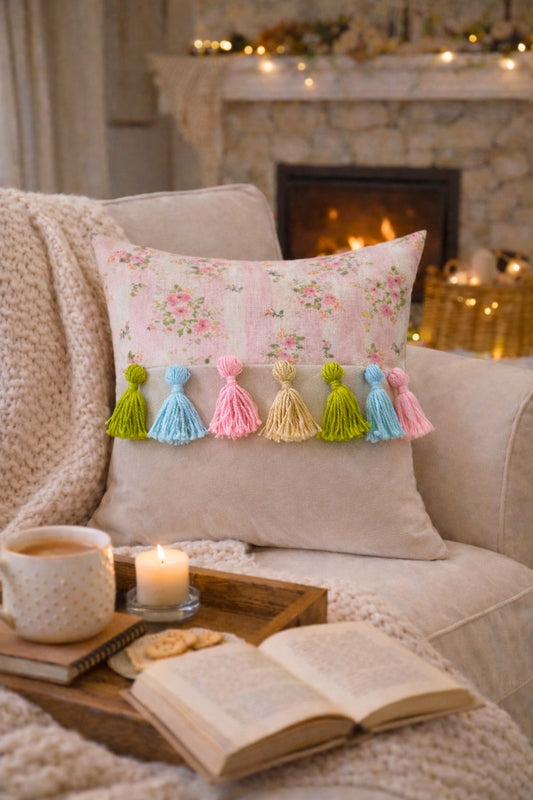 Printed-Plain Cushion with Tassels (Vintage Rose)