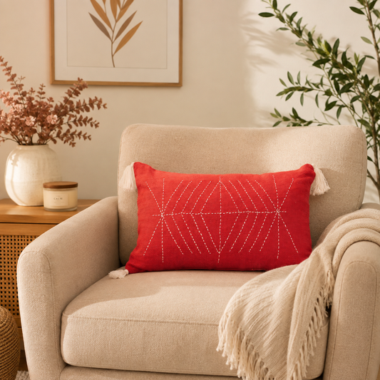 Web Cushion (Burnt Red with White Embroidery)
