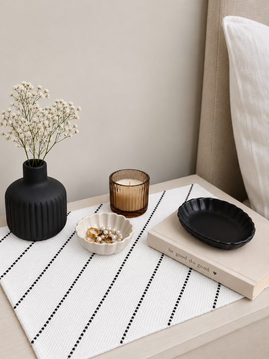 Embroidered Table Mat (White with Black Diagonals)