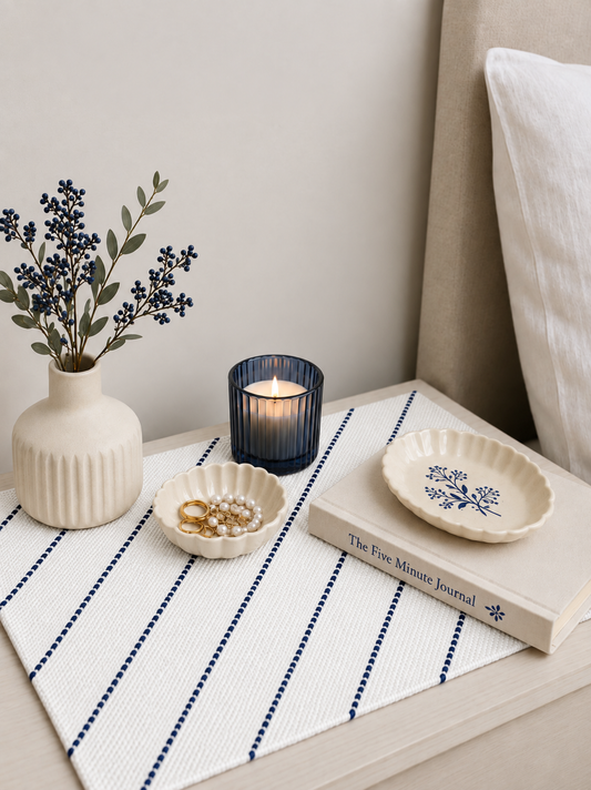 Embroidered Table Mat (White with Dark Blue Diagonals)