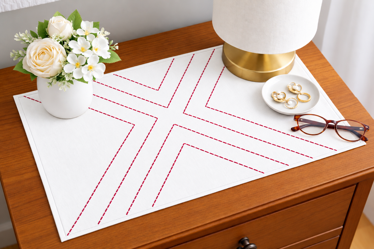 Embroidered Table Mat (White with Dark Pink Cross)
