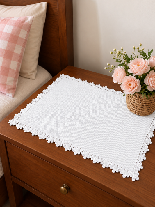 White Textured Table Mat with Flower Lace
