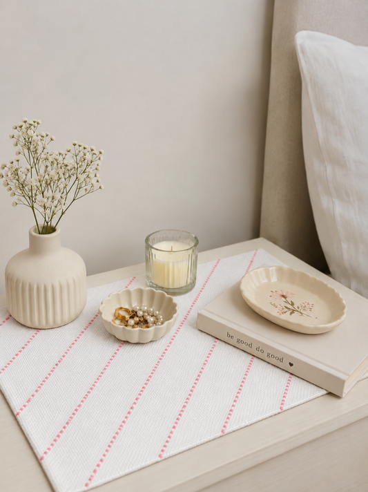 Embroidered Table Mat (White with Light Pink Diagonals)
