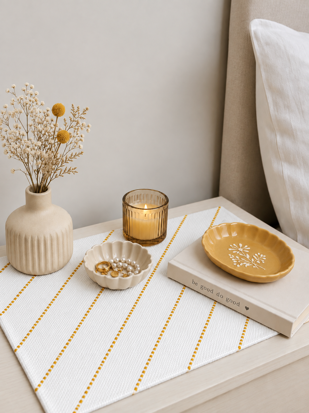 Embroidered Table Mat (White with Mustard Diagonals)