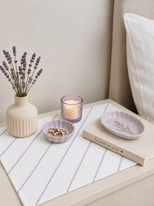 Embroidered Table Mat (White with Light Purple Diagonals)