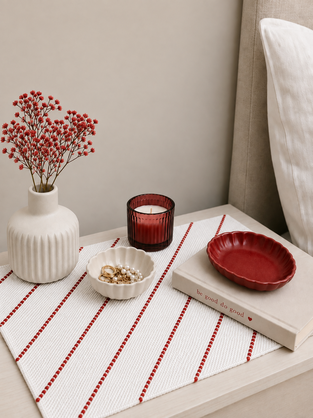 Embroidered Table Mat (White with Red Diagonals)