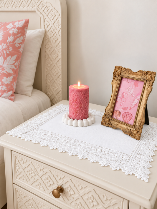 White Textured Table Mat with Crochet Lace