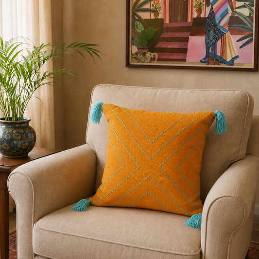 X Cushion (Mustard with Light Blue Embroidery)