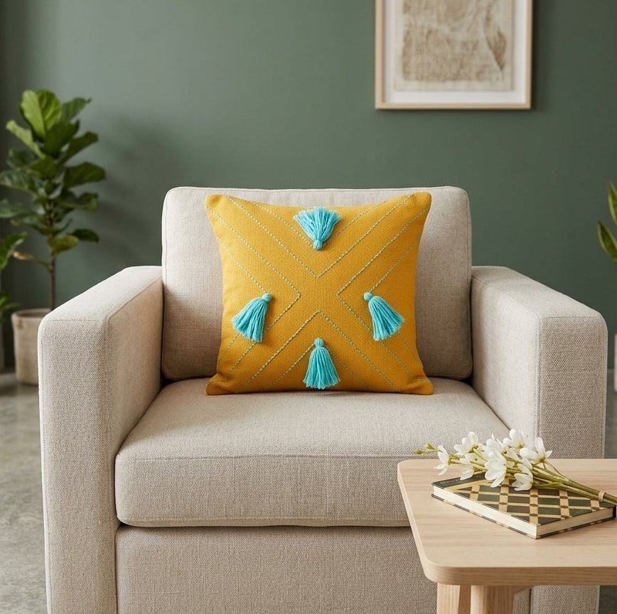 X Cushion (Mustard with Light Blue Embroidery)