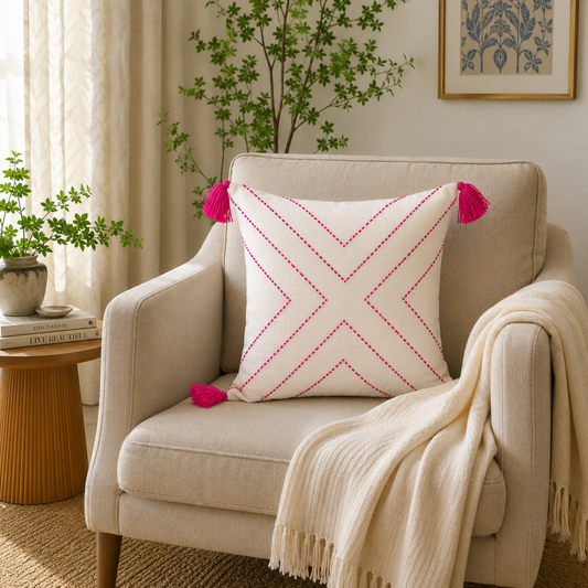 X Cushion (Off-white with Dark Pink Embroidery)