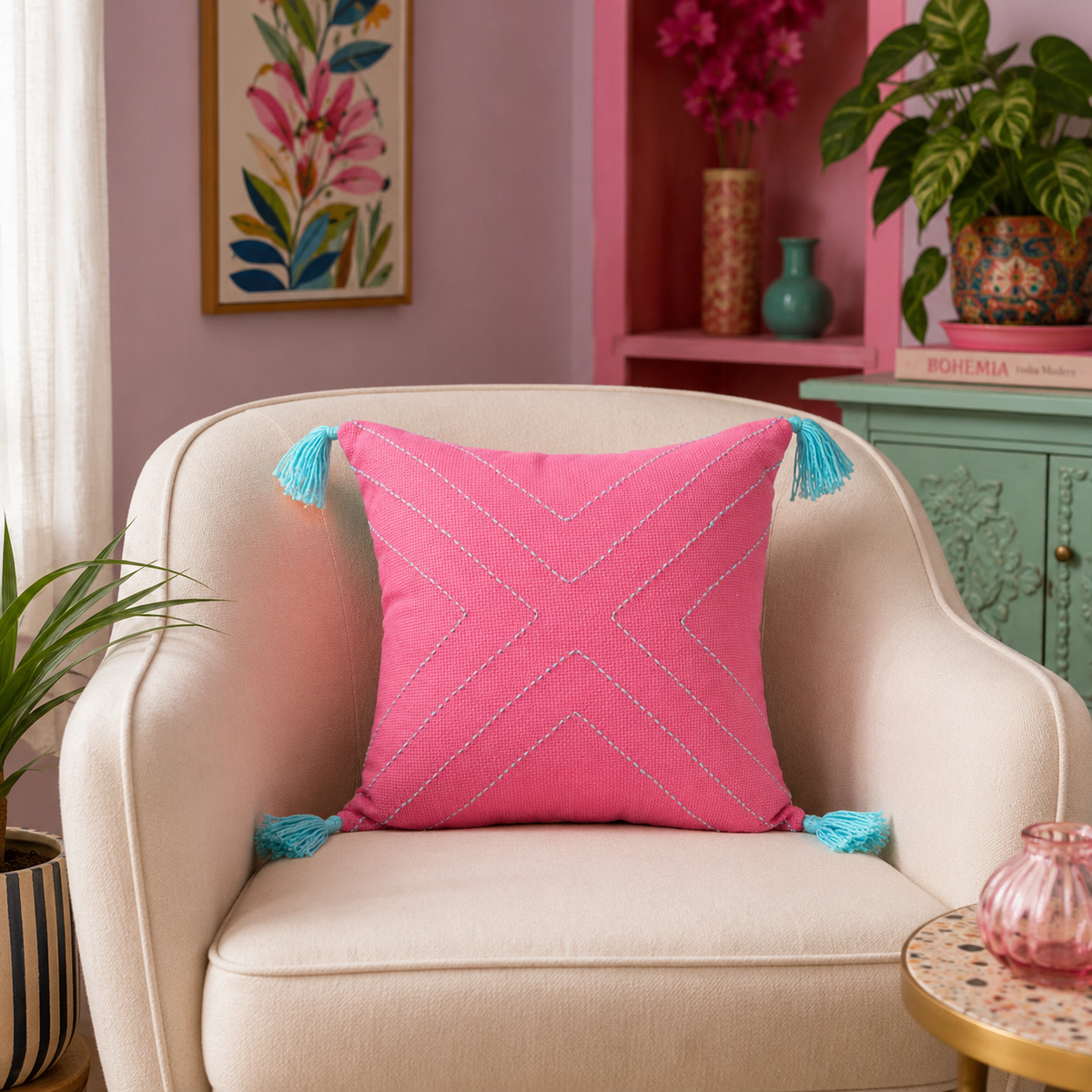 X Cushion (Pink with Blue Embroidery)