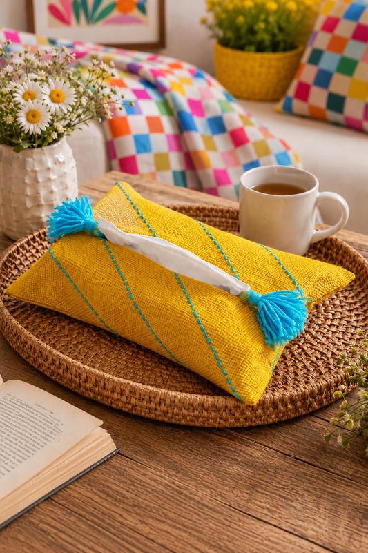 Yellow Tissue Box Cover with Blue Embroidery
