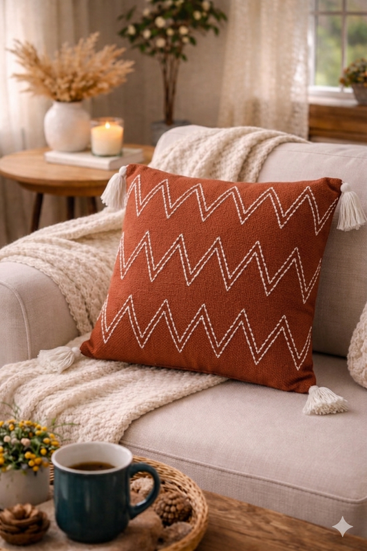 Zig Zag Cushion (Rust with White Embroidery)