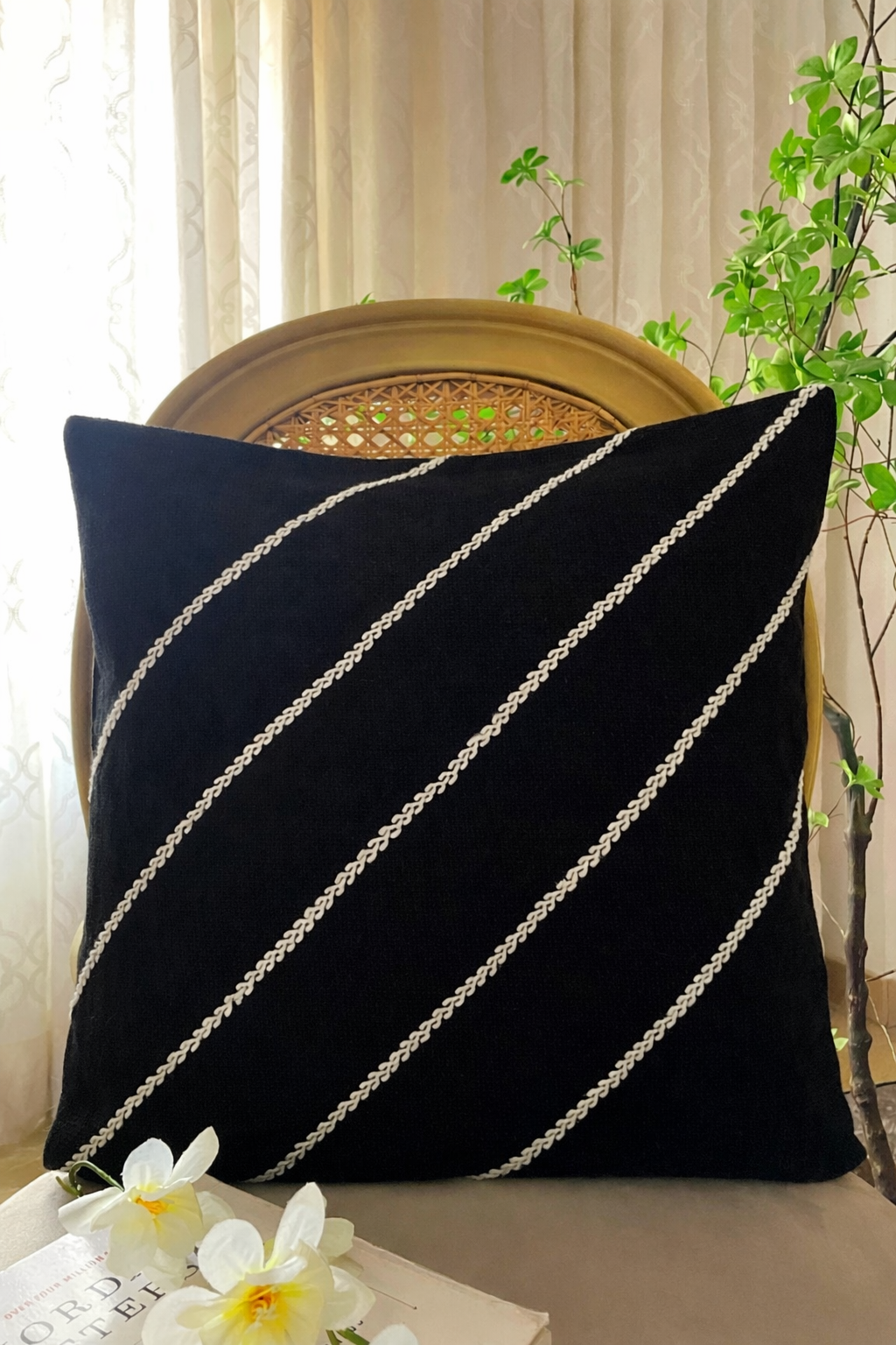 Diagonals Cushion (Black with White Embroidery)